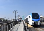 Eastbound awaiting departure at San Bernardino-Downtown Station-Stadler DMU Car # 3403 in the lead